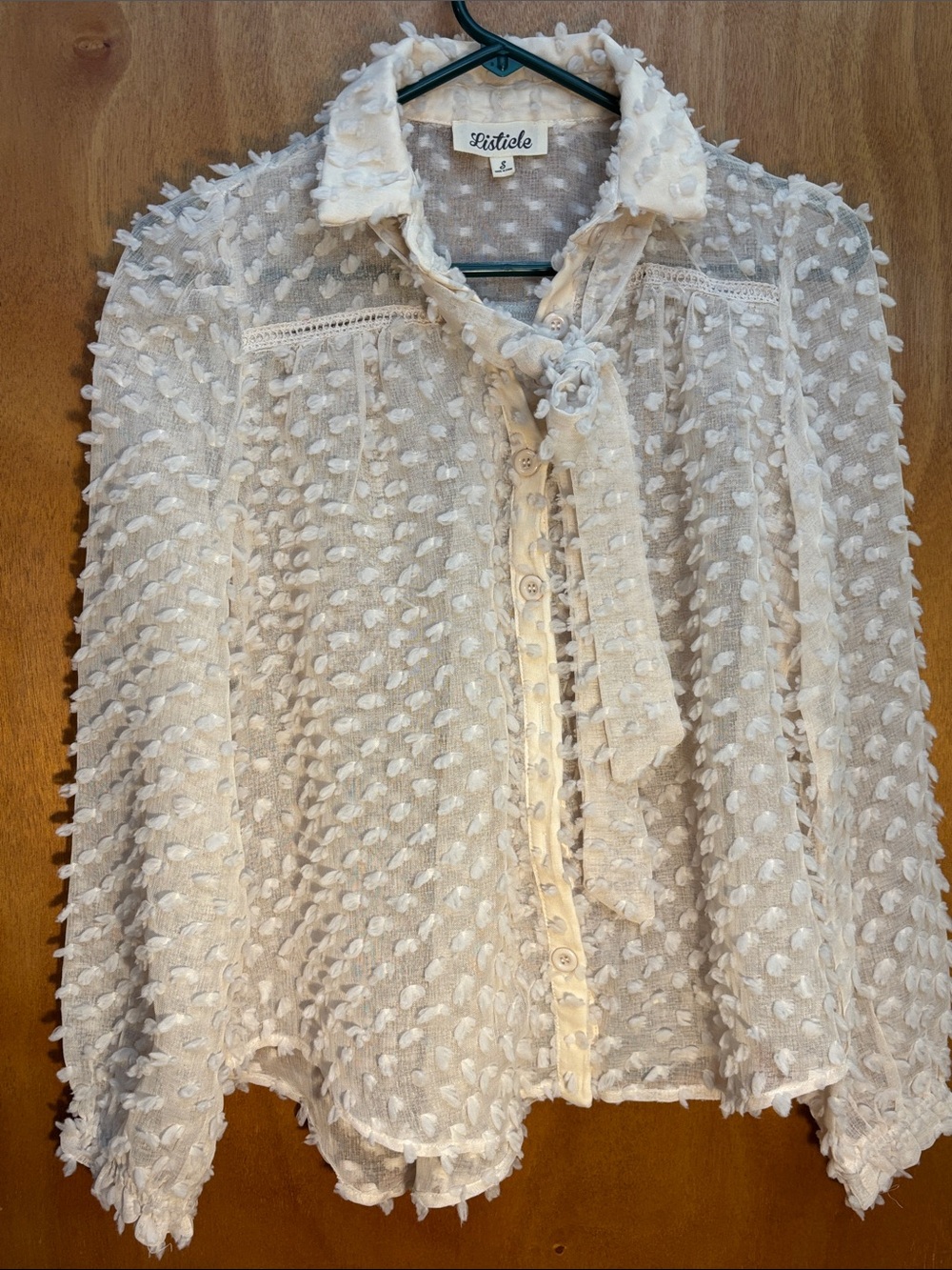Listicle Cream Sheer Textured Dot Blouse‎ with neck tie/scarf